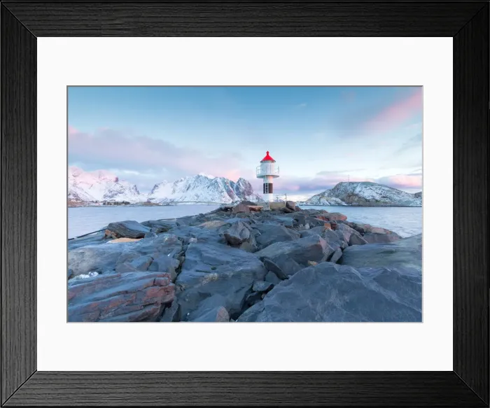 Framed Print : The lighthouse in Reine at sunrise, Lofoten, Norway Framed Print : The lighthouse in Reine at sunrise, Lofoten, Norway