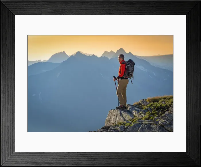 Framed Print : Hiker in Peterskopfl at sunrise Europe, Austria, Zillertal, Peterskopfl, Keisergebirge Framed Print : Hiker in Peterskopfl at sunrise Europe, Austria, Zillertal, Peterskopfl, Keisergebirge
