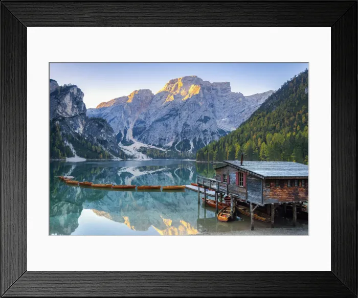 Framed Print : Braies lake at sunrise in autumn season Europe, Italy, South Tyrol, Braies valley Framed Print : Braies lake at sunrise in autumn season Europe, Italy, South Tyrol, Braies valley