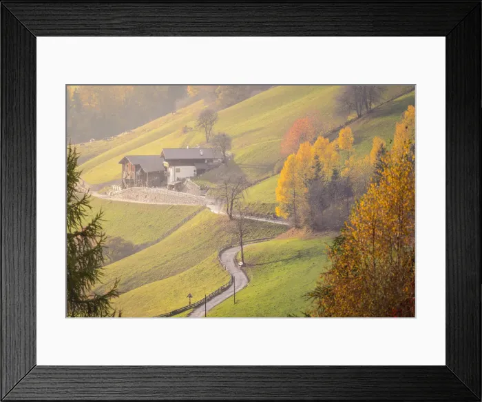 Framed Print : Two typical northern Italy houses surrounded by the colors of autumn in Funes Valley Framed Print : Two typical northern Italy houses surrounded by the colors of autumn in Funes Valley