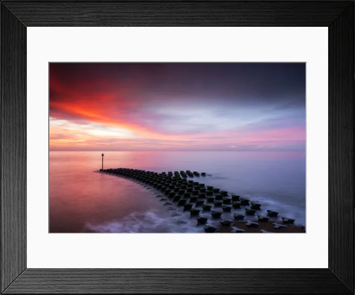 Framed Print : Sea Defences at Sunrise, Felixstowe, Suffolk, England