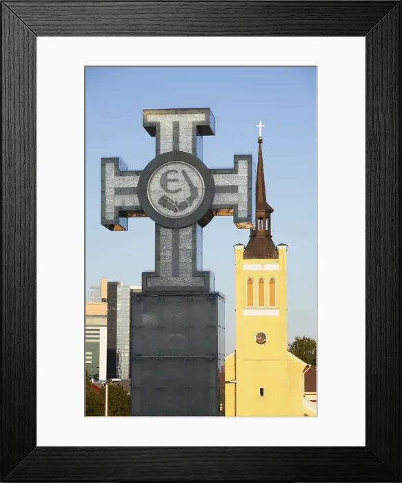 Framed Print : Estonia, Tallinn, Cross In Freedom Square With St Johns Church (Jaani Kirik) Framed Print : Estonia, Tallinn, Cross In Freedom Square With St Johns Church (Jaani Kirik)