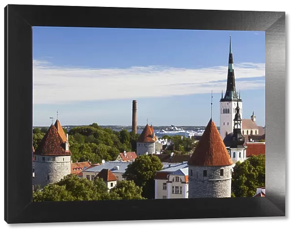 Estonia, Tallinn, View Of Lower Town With Oleviste Church In Background