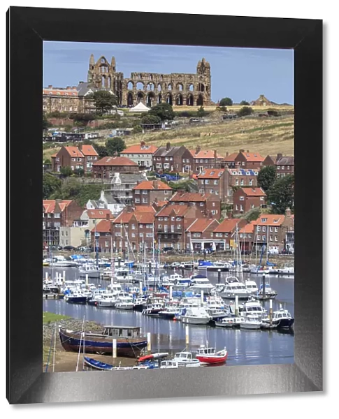 Europe, Great Britain, England, Whitby, view of the town harbour and the ruined abbey