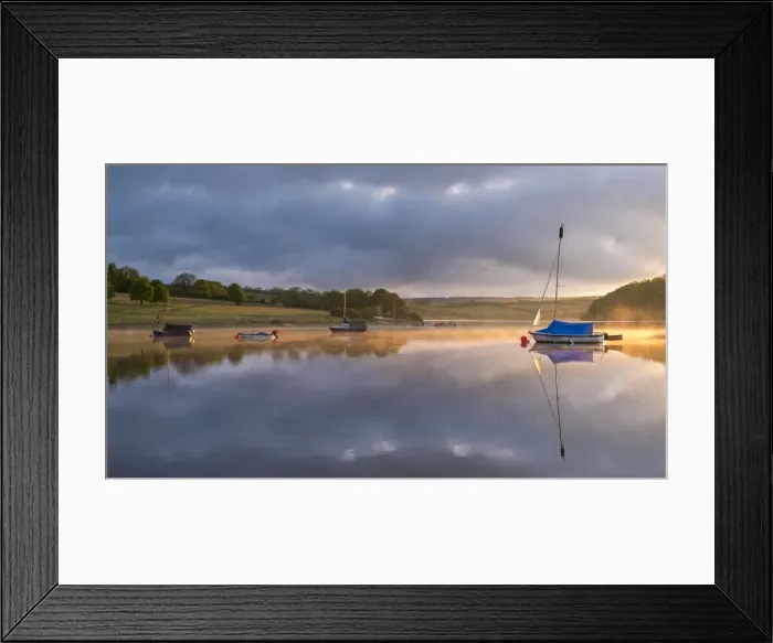 Framed Print : Boats on a reflective Wimbleball Reservoir at sunrise, Exmoor National Park, Somerset Framed Print : Boats on a reflective Wimbleball Reservoir at sunrise, Exmoor National Park, Somerset