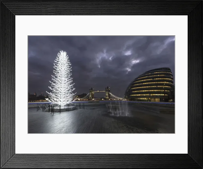 Framed Print : Tower Bridge and City Halll at night with a Christmas tree in the foreground, London Framed Print : Tower Bridge and City Halll at night with a Christmas tree in the foreground, London