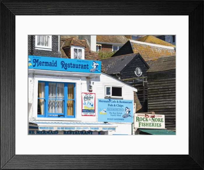 Framed Print : Fish & Chips restaurant in Hastings Old Town, Sussex, England Framed Print : Fish & Chips restaurant in Hastings Old Town, Sussex, England