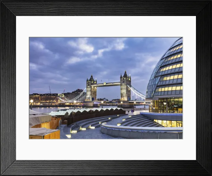 Framed Print : Tower Bridge and City Hall, right, designed by Norman Foster illuminated at Christmas