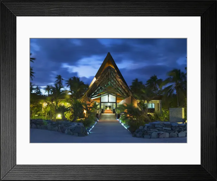 Framed Print : Reception of Mana Island Resort at dusk, Mana Island, Mamanuca Islands, Fiji (PR) Framed Print : Reception of Mana Island Resort at dusk, Mana Island, Mamanuca Islands, Fiji (PR)