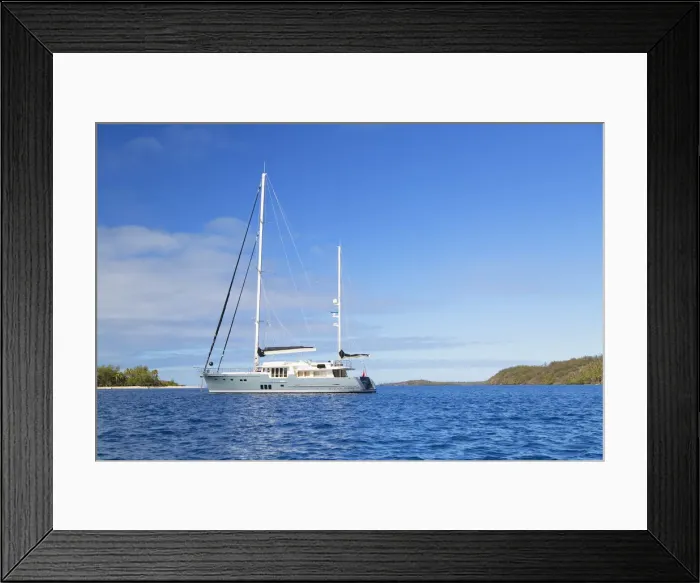 Framed Print : Boat moored off Nanuya Lailai Island, Blue Lagoon, Yasawa Islands, Fiji