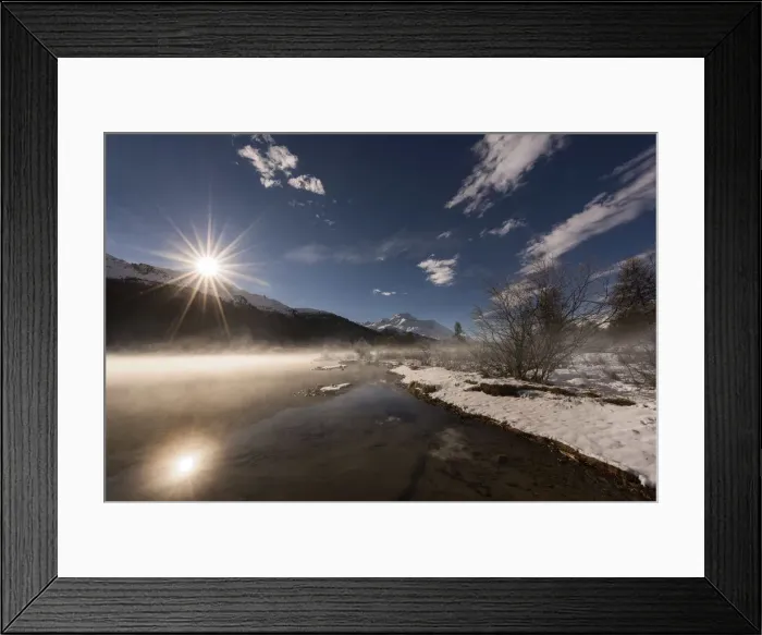 Framed Print : Silvaplana lake, St. Moritz, Switzerland The sun reflected in the lake Silvaplana