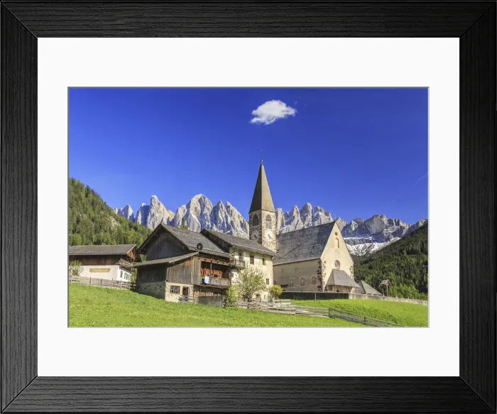 Framed Print : The Church of Ranui and the Odle group in the background Framed Print : The Church of Ranui and the Odle group in the background