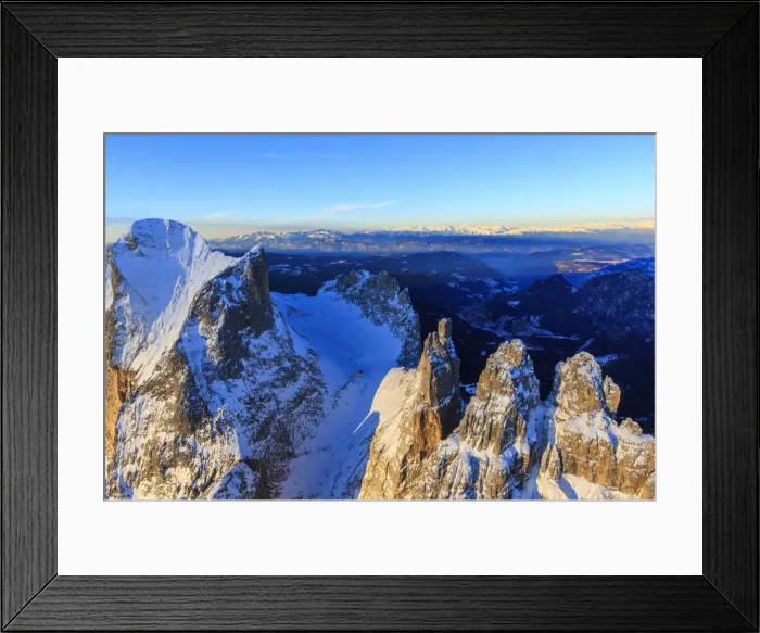 Framed Print : Aerial view of Catinaccio Group and Vajolet Towers at sunset Framed Print : Aerial view of Catinaccio Group and Vajolet Towers at sunset