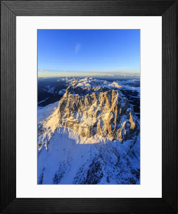Framed Print : Aerial view of Sassolungo Sassopiatto and Grohmann peak at sunset Framed Print : Aerial view of Sassolungo Sassopiatto and Grohmann peak at sunset