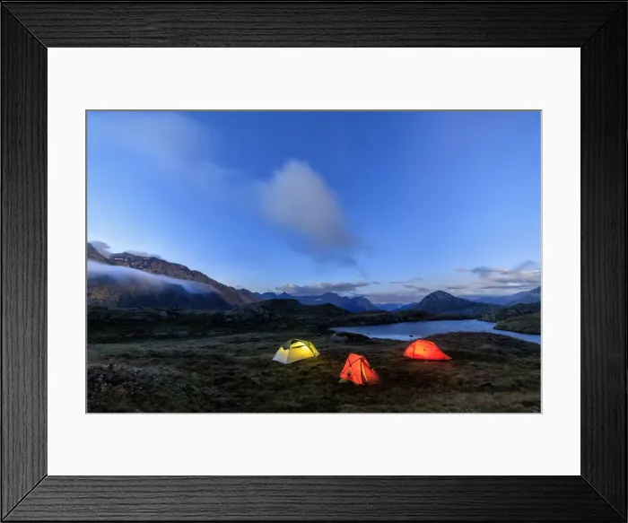 Framed Print : The soft lights of the tents light up dusk Minor Valley High Valtellina Livigno Lombardy
