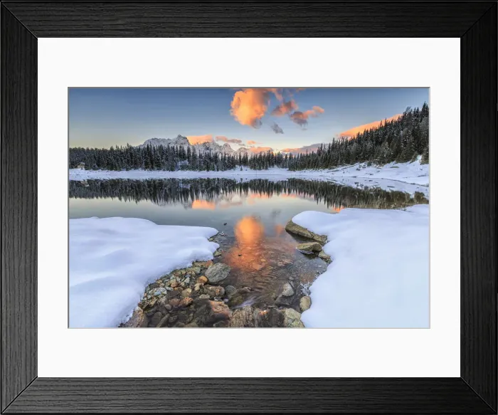 Framed Print : The colors of dawn on the snowy peaks and woods reflected in PalA'A¹ Lake Malenco Valley Valtellina Lombardy Italy Europe