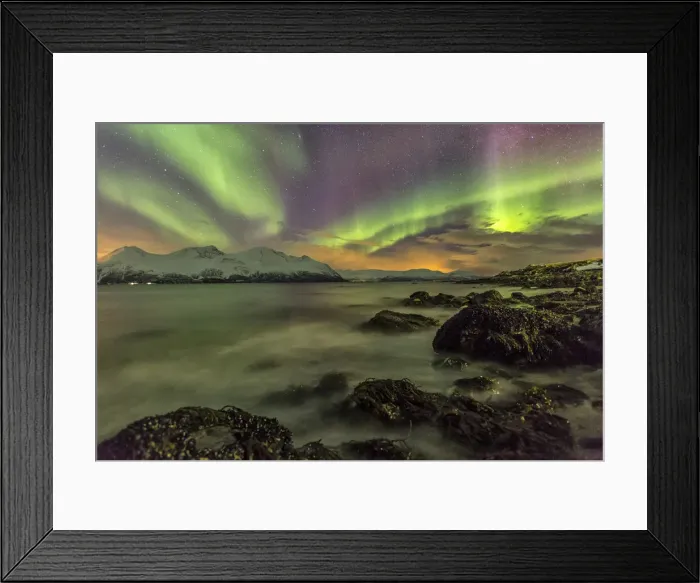 Framed Print : Northern Lights on the icy landscape of Svensby Lyngen Alps TromsAfA¸ Lapland Norway Europe
