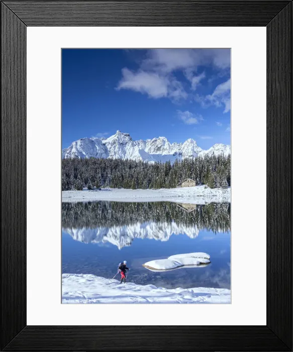 Framed Print : Hiker proceeds on the shore of PalA'A¹ Lake surrounded by snowy peaks and woods Malenco Valley Valtellina Lombardy Italy Europe Framed Print : Hiker proceeds on the shore of PalA'A¹ Lake surrounded by snowy peaks and woods Malenco Valley Valtellina Lombardy Italy Europe