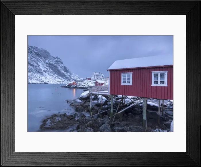 Framed Print : Typical fishermen houses called rorbu in the snowy landscape at dusk Nusfjord Nordland Framed Print : Typical fishermen houses called rorbu in the snowy landscape at dusk Nusfjord Nordland