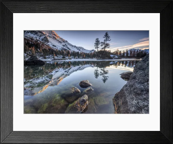 Framed Print : Autumn reflections at Saoseo Lake still partially frozen Poschiavo Valley Canton of Framed Print : Autumn reflections at Saoseo Lake still partially frozen Poschiavo Valley Canton of