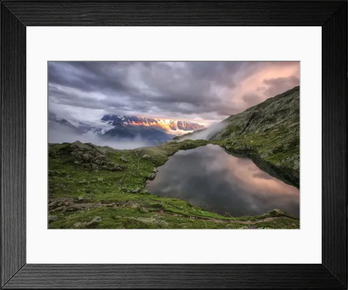 Framed Print : Clouds are tinged with purple at sunset at Lac de Cheserys Chamonix Haute Savoie Framed Print : Clouds are tinged with purple at sunset at Lac de Cheserys Chamonix Haute Savoie
