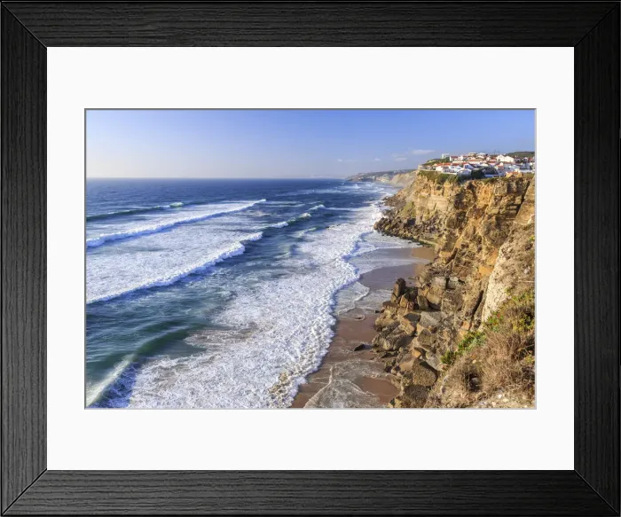 Framed Print : Top view of ocean waves crashing on the high cliffs of Azenhas do Mar Sintra Portugal