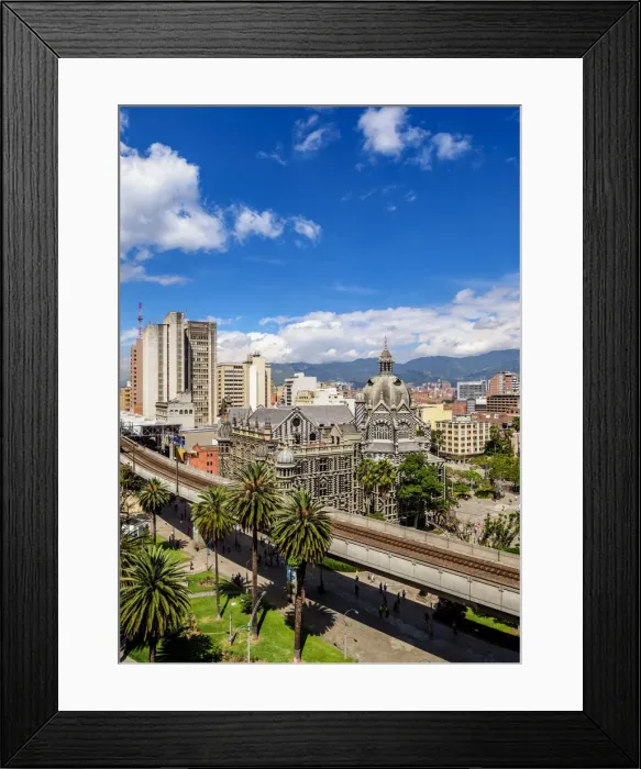 Framed Print : City Center Skyline with Metro Line and Rafael Uribe Uribe Palace of Culture, elevated