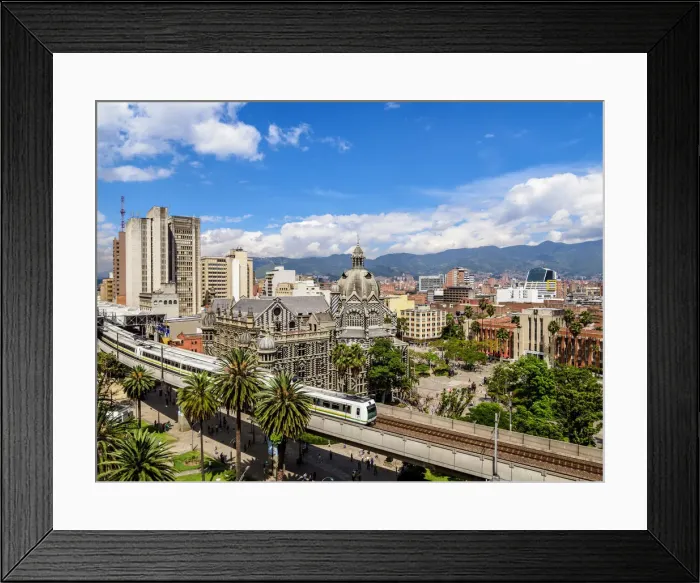 Framed Print : City Center Skyline with Metro Line and Rafael Uribe Uribe Palace of Culture, elevated Framed Print : City Center Skyline with Metro Line and Rafael Uribe Uribe Palace of Culture, elevated