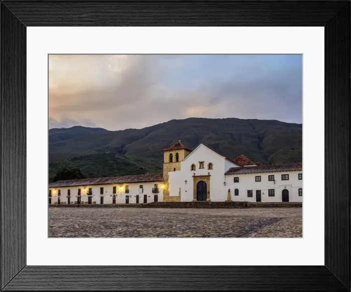 Framed Print : Our Lady of the Rosary Church at dawn, Plaza Mayor, Villa de Leyva, Boyaca Department