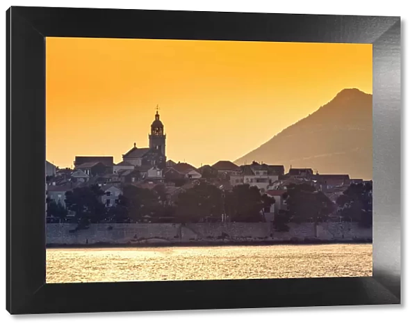 Europe, Croatia, Dalmatia, Korcula island, Korcula town in golden late afternoon light