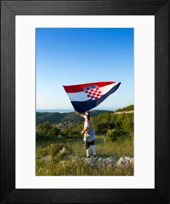 Framed Print : Europe, Croatia, Dalmatia, Korcula Island, Blato, a local in traditional dress waving Framed Print : Europe, Croatia, Dalmatia, Korcula Island, Blato, a local in traditional dress waving