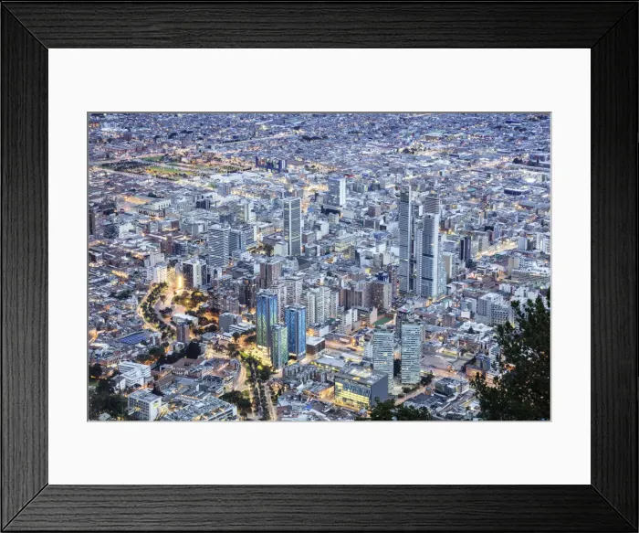Framed Print : South America, Colombia, Bogota, elevated view of the city centre showing illuminated