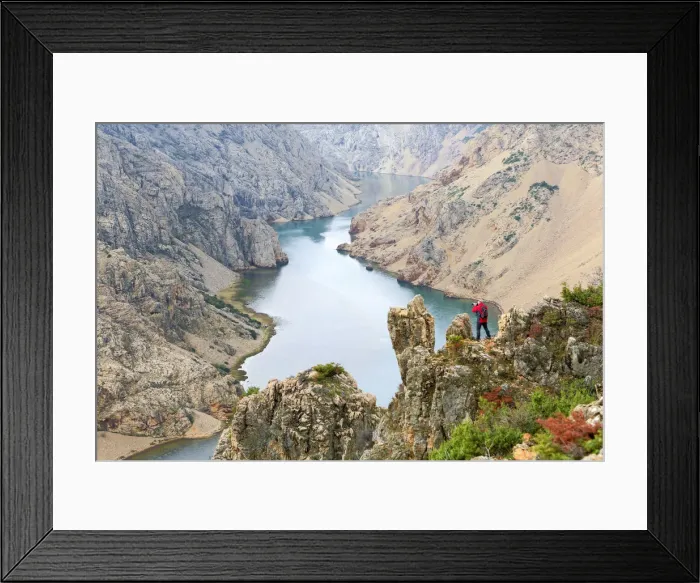 Framed Print : Europe, Croatia, Dalmatia, Zadar region, a photographer standing over the Zrmanja Canyon