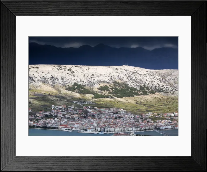 Framed Print : Europe, Croatia, Dalmatia, Zadar region, Pag island, Pag town under stormy skies Framed Print : Europe, Croatia, Dalmatia, Zadar region, Pag island, Pag town under stormy skies