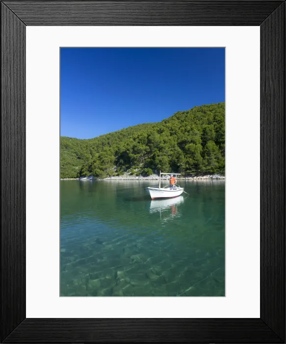 Framed Print : Europe, Croatia, Dalmatia, Korcula, local fisherman moored in a woody inlet on Framed Print : Europe, Croatia, Dalmatia, Korcula, local fisherman moored in a woody inlet on