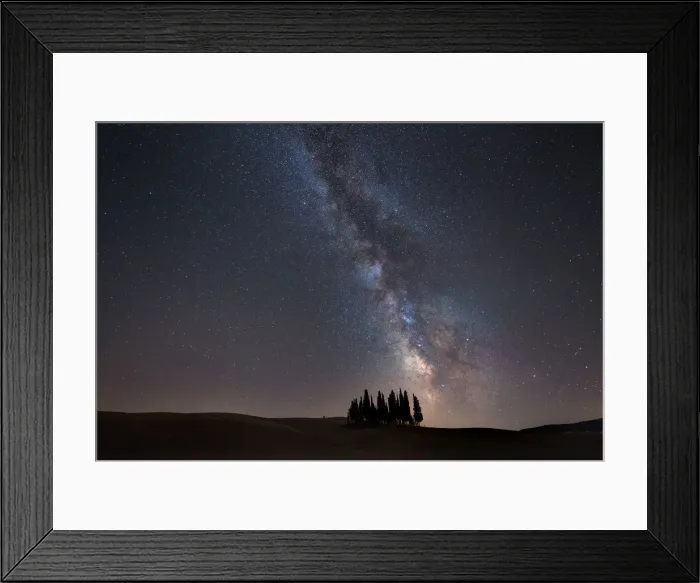 Framed Print : Starry sky over cypresses in Orcia Valley. Siena district, Tuscany, Italy Framed Print : Starry sky over cypresses in Orcia Valley. Siena district, Tuscany, Italy