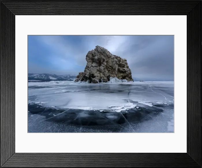 Framed Print : An island surrounded with flat ice over lake Baikal, Irkutsk region, Siberia, Russia