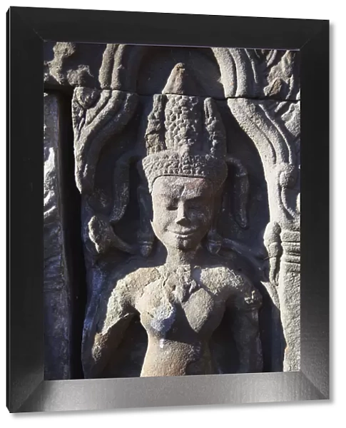 Bas-relief at Angkor era ruins of Wat Nokor, Kampong Cham, Cambodia