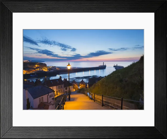 Framed Print : United Kingdom, England, North Yorkshire, Whitby. The harbour at dusk from the 199 Steps Framed Print : United Kingdom, England, North Yorkshire, Whitby. The harbour at dusk from the 199 Steps