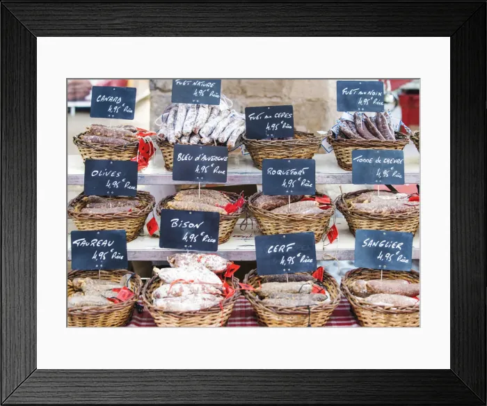 Framed Print : Sausages stall at the outdoor market, Limousin, France