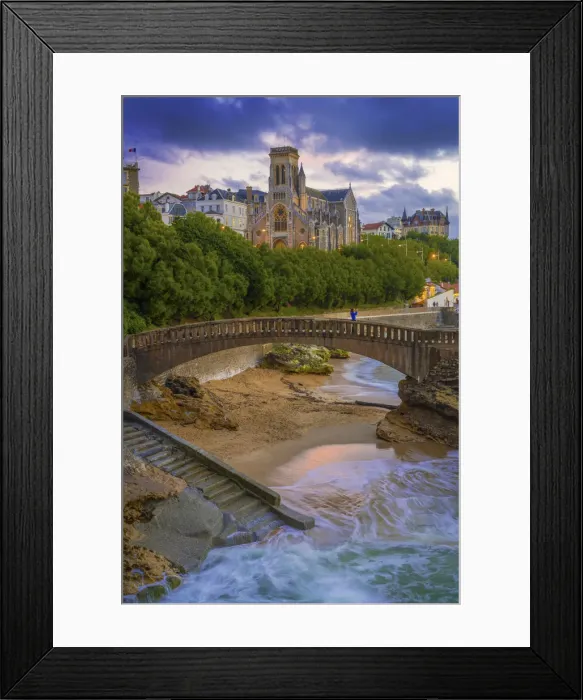 Framed Print : France, Aquitaine, Pyrenees Atlantiques, Biarritz, Saint Eugenia church at old port, dusk Framed Print : France, Aquitaine, Pyrenees Atlantiques, Biarritz, Saint Eugenia church at old port, dusk