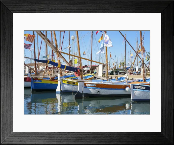 Framed Print : Traditional colorful wooden fishing boat in the port harbor at Sanary-sur-Mer, Var Framed Print : Traditional colorful wooden fishing boat in the port harbor at Sanary-sur-Mer, Var