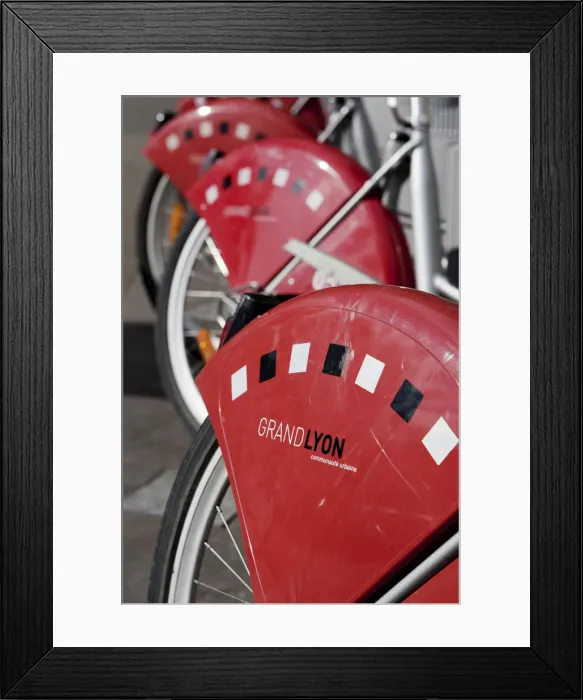 Framed Print : Lyon; France. Closeup of rental bicycles in Lyon France Framed Print : Lyon; France. Closeup of rental bicycles in Lyon France
