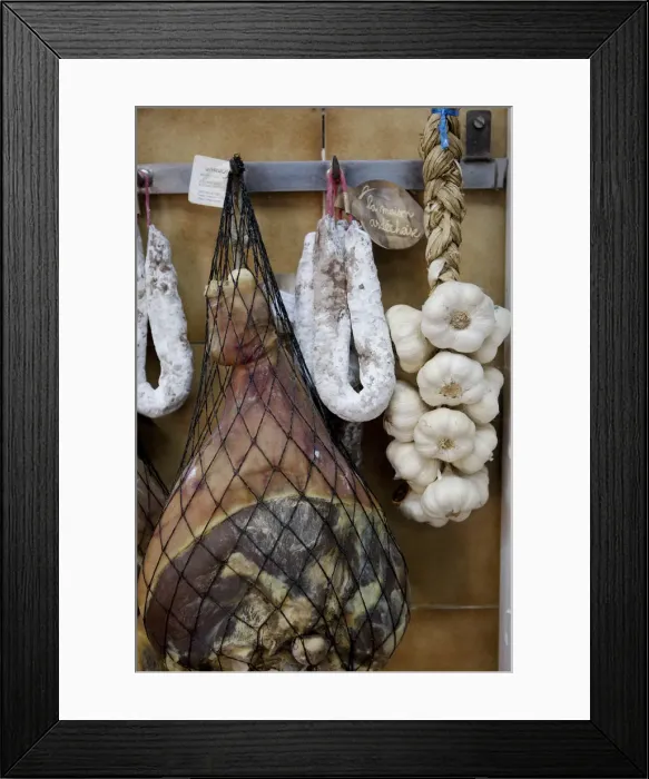 Framed Print : Provence, France. Meat hanging with garlic in a traditional deli in the South of France Framed Print : Provence, France. Meat hanging with garlic in a traditional deli in the South of France