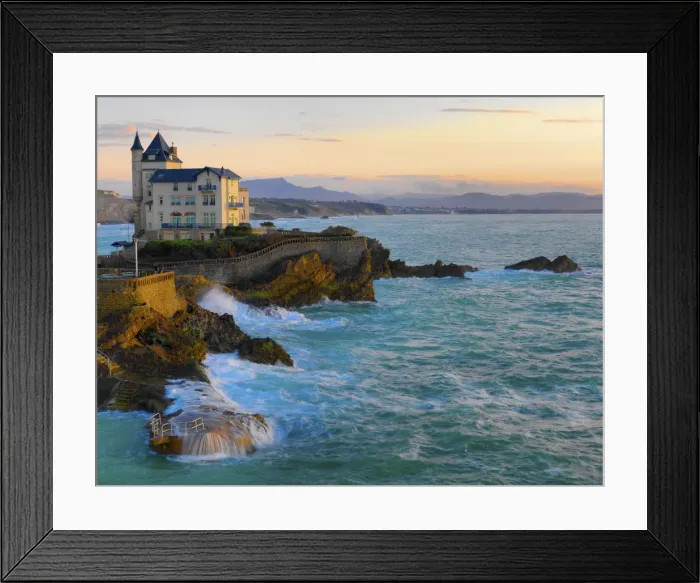 Framed Print : France, Biarritz, Pyrenees-Atlantique, seascape, house on rocks Framed Print : France, Biarritz, Pyrenees-Atlantique, seascape, house on rocks