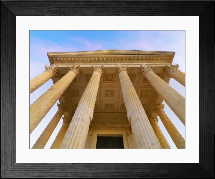Framed Print : France, Provence, Nimes, Low view of Maison Caree at dusk Framed Print : France, Provence, Nimes, Low view of Maison Caree at dusk