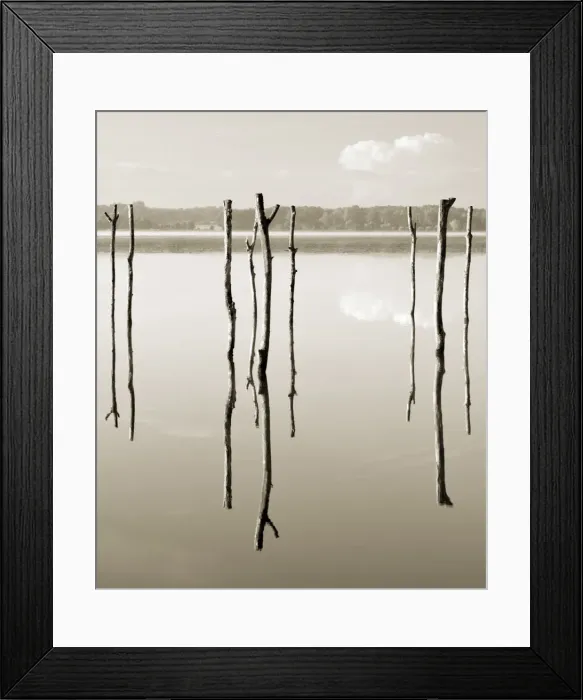 Framed Print : Suspended in the air - reflected in water remains of the old jetty on the lake Azur, Les Landes, Aquitaine, France Framed Print : Suspended in the air - reflected in water remains of the old jetty on the lake Azur, Les Landes, Aquitaine, France