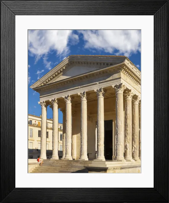 Framed Print : France, Provence, Nimes, Maison Caree, Woman sitting on steps MR Framed Print : France, Provence, Nimes, Maison Caree, Woman sitting on steps MR