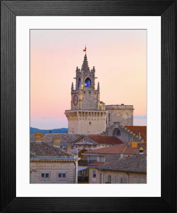 Framed Print : France, Provence, Avignon, Town hall and clock tower at dawn Framed Print : France, Provence, Avignon, Town hall and clock tower at dawn