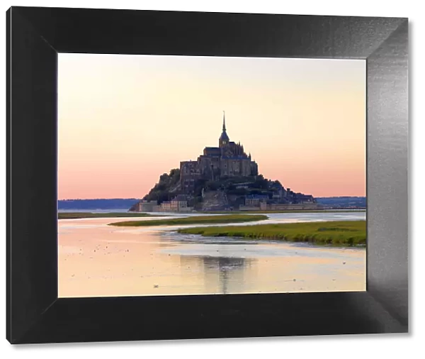 France, Normandy, Le Mont Saint Michel reflected at dusk